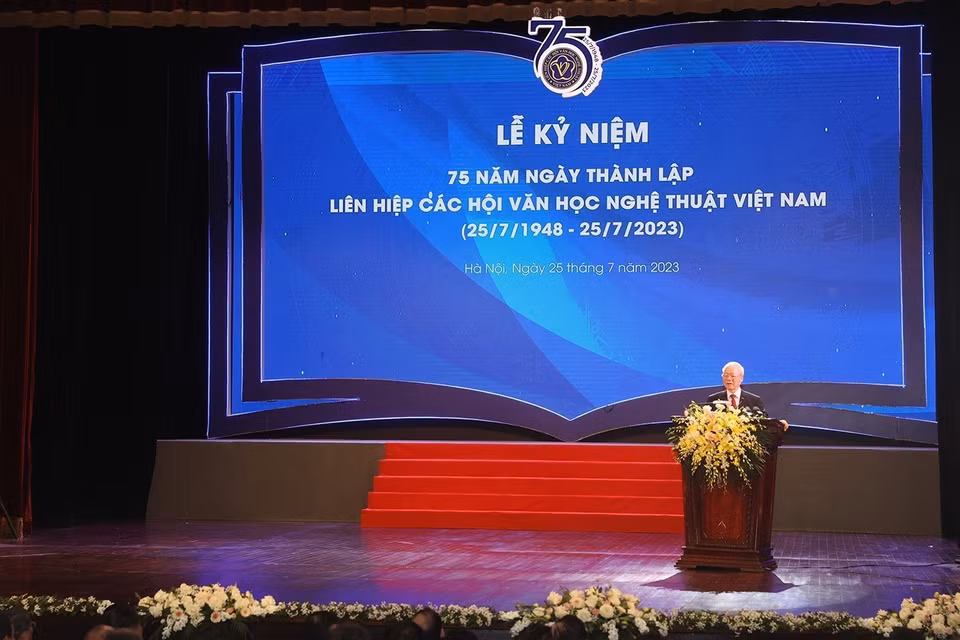 Tổng Bí thư Nguyễn Phú Trọng phát biểu tại lễ kỷ niệm. (Ảnh: Trí Dũng/TTXVN)