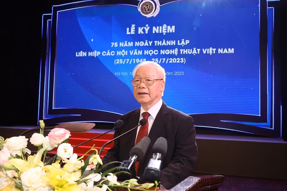 Tổng Bí thư Nguyễn Phú Trọng phát biểu tại lễ kỷ niệm. (Ảnh: Trí Dũng/TTXVN)