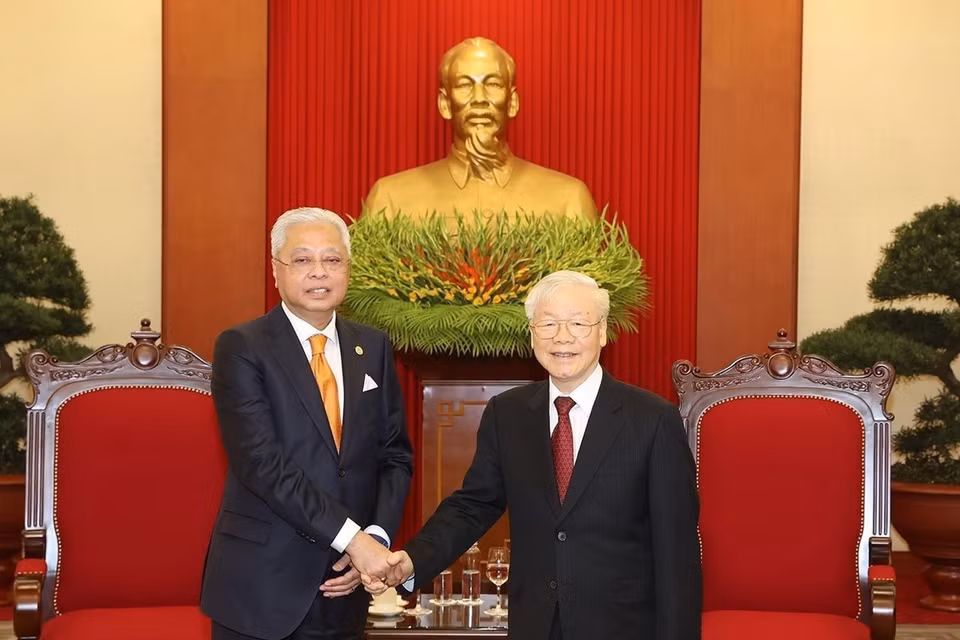 Tổng Bí thư Nguyễn Phú Trọng tiếp Thủ tướng Malaysia Dato Sri Ismail Sabri bin Yaakob thăm chính thức Việt Nam, ngày 21/3/2022. (Ảnh: Trí Dũng/TTXVN)
