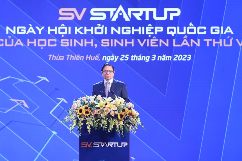 Thủ tướng phát biểu ở lễ khai mạc Ngày hội Khởi nghiệp quốc gia của học sinh, sinh viên lần thứ V. (Ảnh: Dương Giang/TTXVN)