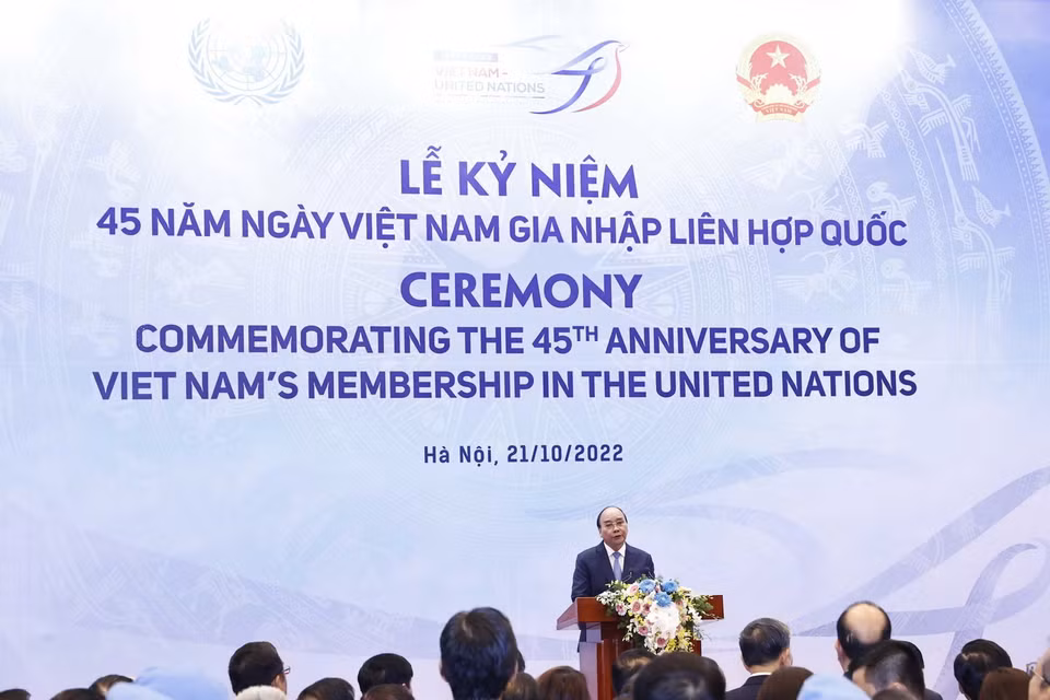 Chủ tịch nước Nguyễn Xuân Phúc phát biểu tại lễ kỷ niệm 45 năm ngày Việt Nam gia nhập Liên hợp quốc. (Ảnh: TTXVN)