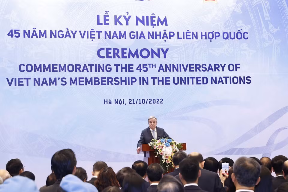 Tổng Thư ký Liên hợp quốc António Guterres phát biểu tại lễ kỷ niệm kỷ niệm 45 năm ngày Việt Nam gia nhập Liên hợp quốc. (Ảnh: TTXVN)