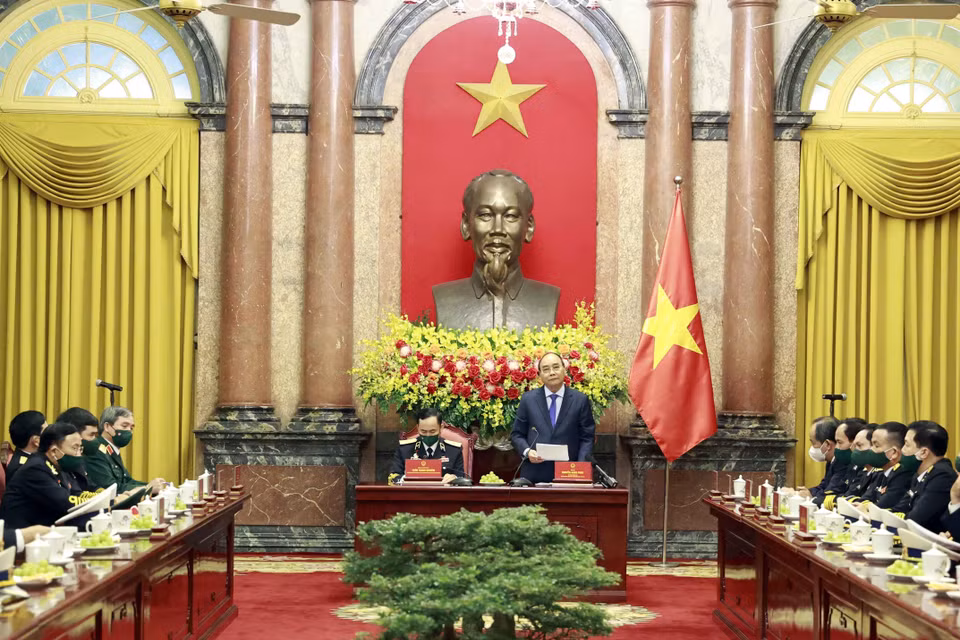 Chủ tịch nước Nguyễn Xuân Phúc phát biểu tại buổi gặp mặt. (Ảnh: Thống Nhất/TTXVN)