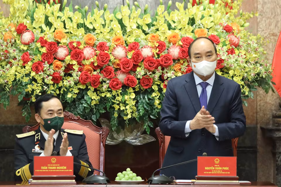 Chủ tịch nước Nguyễn Xuân Phúc phát biểu tại buổi gặp mặt.(Ảnh: Thống Nhất/TTXVN)