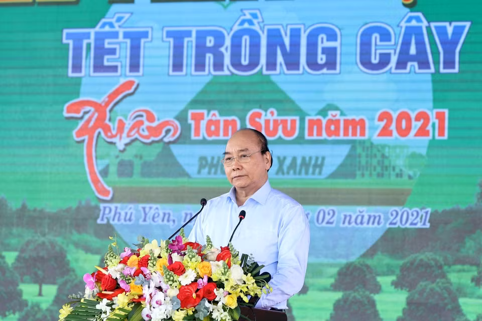 Thủ tướng Nguyễn Xuân Phúc phát biểu tại lễ phát động 'Tết trồng cây' Xuân Tân Sửu năm 2021. (Ảnh: Thống Nhất/TTXVN)