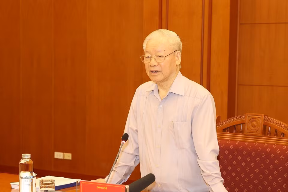 Tổng Bí thư Nguyễn Phú Trọng phát biểu chỉ đạo cuộc họp.(Ảnh: Trí Dũng/TTXVN)