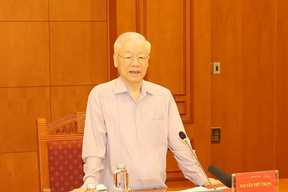 Tổng Bí thư Nguyễn Phú Trọng phát biểu chỉ đạo cuộc họp.(Ảnh: Trí Dũng/TTXVN)