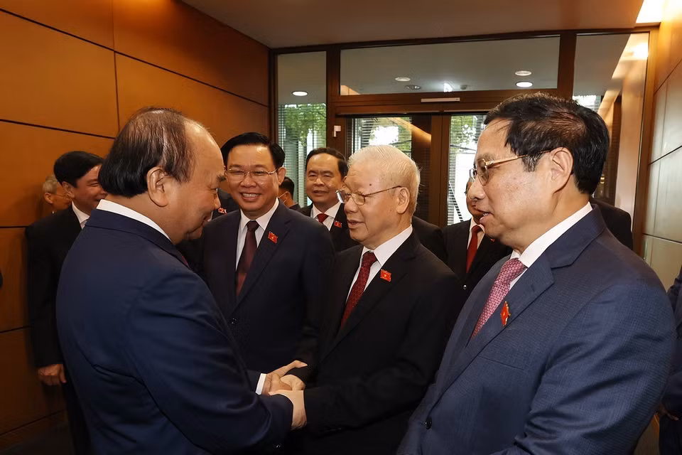 Tổng Bí thư Nguyễn Phú Trọng cùng các lãnh đạo Đảng, Nhà nước dự khai mạc Kỳ họp thứ tư, Quốc hội khóa XV. (Ảnh: Trí Dũng/TTXVN)