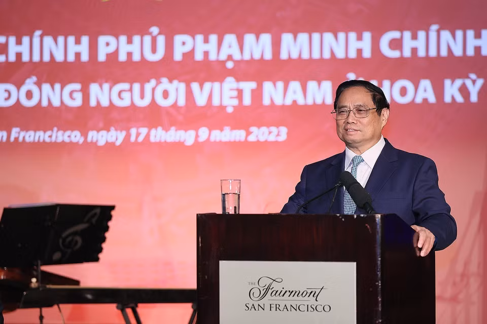 Thủ tướng Phạm Minh Chính thăm hỏi Cộng đồng Người Việt Nam tại Hoa Kỳ. (Ảnh: Dương Giang/TTXVN)