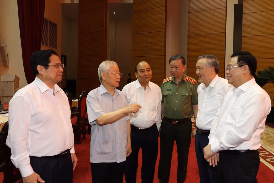 Tổng Bí thư Nguyễn Phú Trọng, các lãnh đạo Đảng, Nhà nước và các đại biểu dự hội nghị. (Ảnh: Trí Dũng/TTXVN)