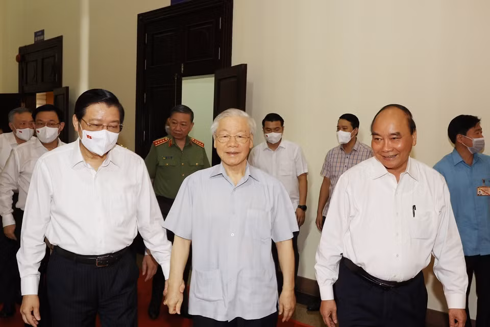 Tổng Bí thư Nguyễn Phú Trọng, Chủ tịch nước Nguyễn Xuân Phúc và Trưởng Ban Nội chính Trung ương Phan Đình Trạc dự hội nghị. (Ảnh: Trí Dũng/TTXVN)