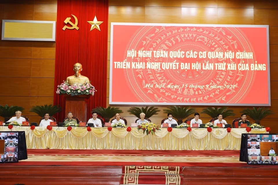 Sáng 15/9, tại Hà Nội, Tổng Bí thư Nguyễn Phú Trọng chủ trì Hội nghị trực tuyến toàn quốc các cơ quan nội chính triển khai Nghị quyết Đại hội lần thứ XIII của Đảng. (Ảnh: Trí Dũng/TTXVN)