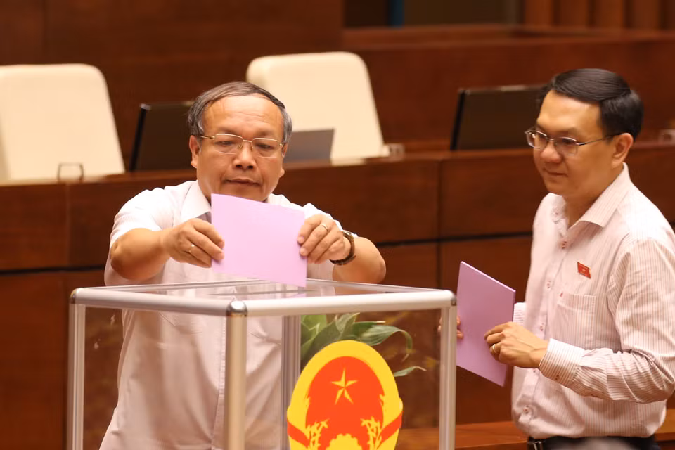  Các đại biểu bỏ phiếu miễn nhiệm một số Phó Chủ tịch Quốc hội. (Ảnh: Dương Giang/TTXVN)