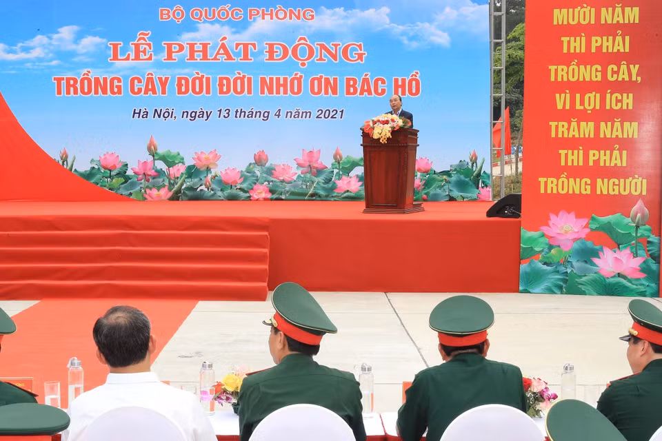 Chủ tịch nước Nguyễn Xuân Phúc phát biểu tại Lễ phát động trồng cây. (Ảnh: Trọng Đức/TTXVN)