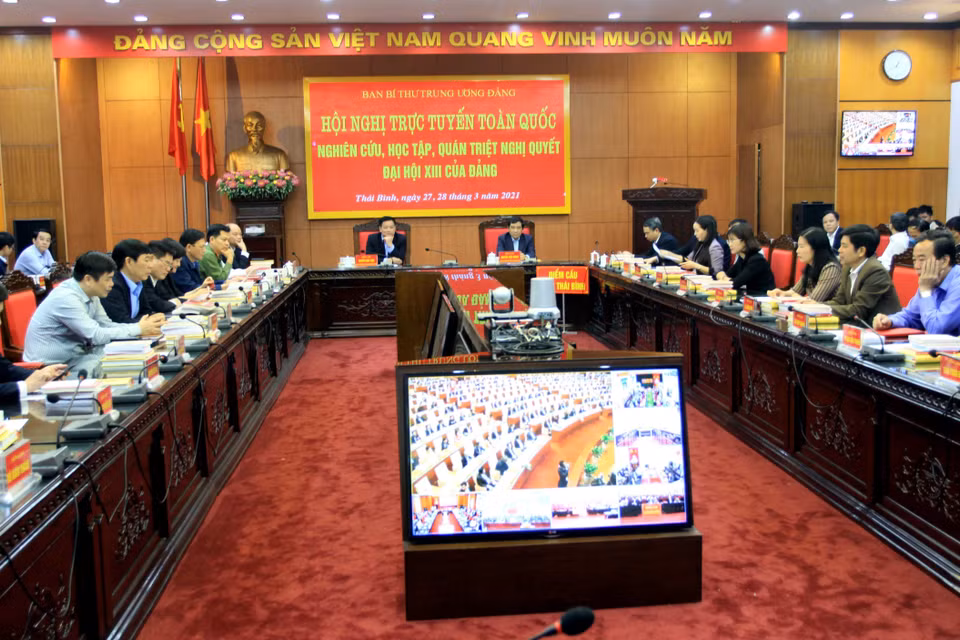 Quang cảnh Hội nghị quán triệt Nghị quyết Đại hội XIII của Đảng tại điểm cầu Tỉnh ủy Thái Bình. (Ảnh: Thế Duyệt/TTXVN)