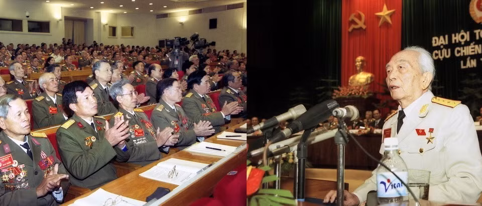 Đại tướng Võ Nguyên Giáp, Chủ tịch Danh dự của Hội Cựu chiến binh Việt Nam phát biểu tại phiên khai mạc Đại hội toàn quốc Hội Cựu chiến binh Việt Nam lần thứ III, từ 26-28/12/2002. (Ảnh: Nhan Sáng/TTXVN)