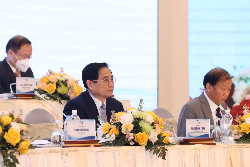 Thủ tướng Phạm Minh Chính và Đoàn Chủ tịch Đại hội. (Ảnh: Dương Giang/TTXVN) 