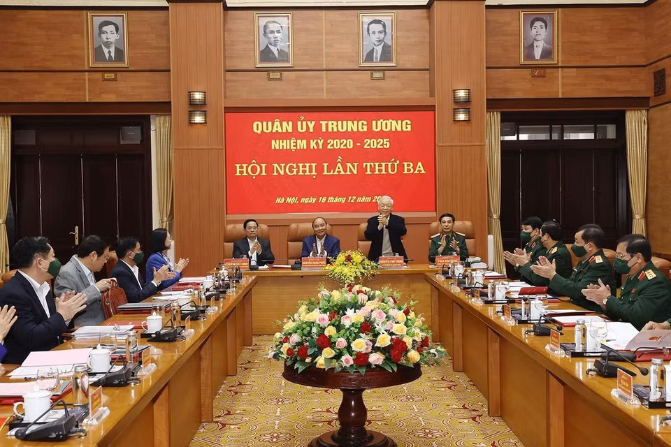  Tổng Bí thư Nguyễn Phú Trọng, Bí thư Quân ủy Trung ương phát biểu chỉ đạo Hội nghị. (Ảnh: Trí Dũng/TTXVN)