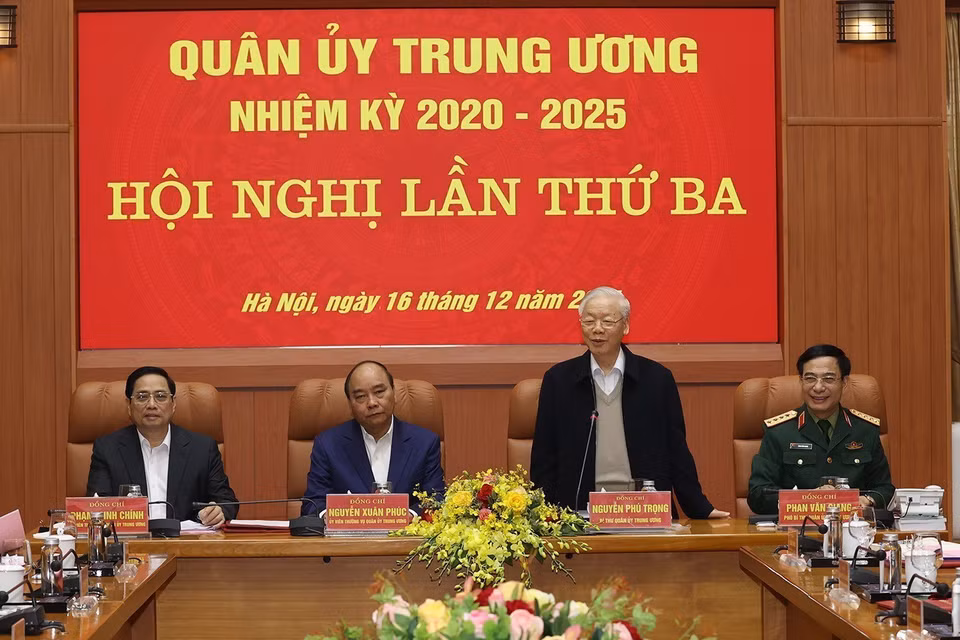  Tổng Bí thư Nguyễn Phú Trọng, Bí thư Quân ủy Trung ương chủ trì Hội nghị. (Ảnh: Trí Dũng/TTXVN)