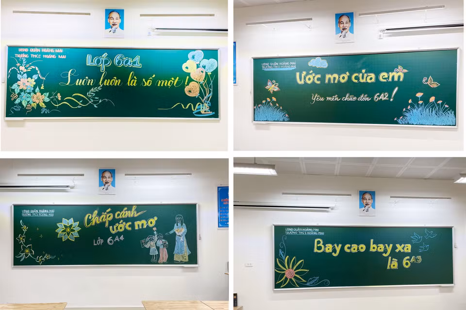 Các lớp 6 của THCS Hoàng Mai trang trí rất đẹp để chào đón tân học sinh lần đầu đến với ngôi trường mới. (Ảnh: PV/Vietnam+)