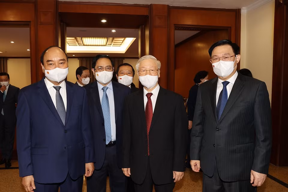 Tổng Bí thư Nguyễn Phú Trọng, Chủ tịch nước Nguyễn Xuân Phúc, Thủ tướng Phạm Minh Chính và Chủ tịch Quốc hội Vương Đình Huệ dự hội nghị. (Ảnh: Trí Dũng/TTXVN)