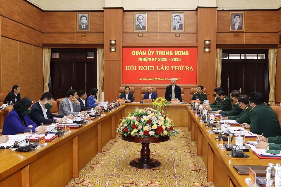 Tổng Bí thư Nguyễn Phú Trọng, Bí thư Quân ủy Trung ương phát biểu kết luận hội nghị. (Ảnh: Trí Dũng/TTXVN)