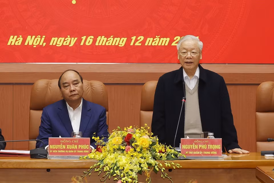 Tổng Bí thư Nguyễn Phú Trọng, Bí thư Quân ủy Trung ương phát biểu kết luận hội nghị. (Ảnh: Trí Dũng/TTXVN)