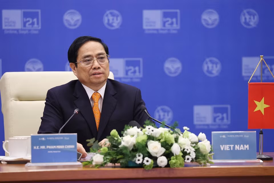 Thủ tướng Phạm Minh Chính phát biểu tại Hội nghị Bộ trưởng ITU Digital World 2021. (Ảnh: Dương Giang/TTXVN)