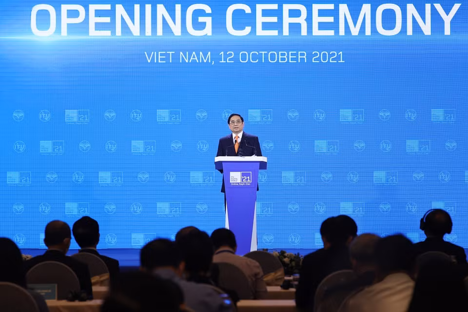 Thủ tướng Phạm Minh Chính phát biểu tại Triển lãm Thế giới số 2021. (Ảnh: Dương Giang/TTXVN)