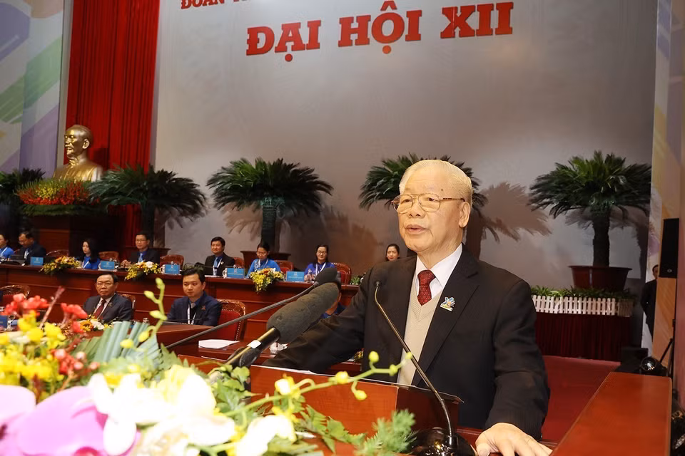 Tổng Bí thư Nguyễn Phú Trọng phát biểu chỉ đạo tại Đại hội đại biểu toàn quốc Đoàn Thanh niên Cộng sản Hồ Chí Minh. (Ảnh: Trí Dũng/TTXVN)