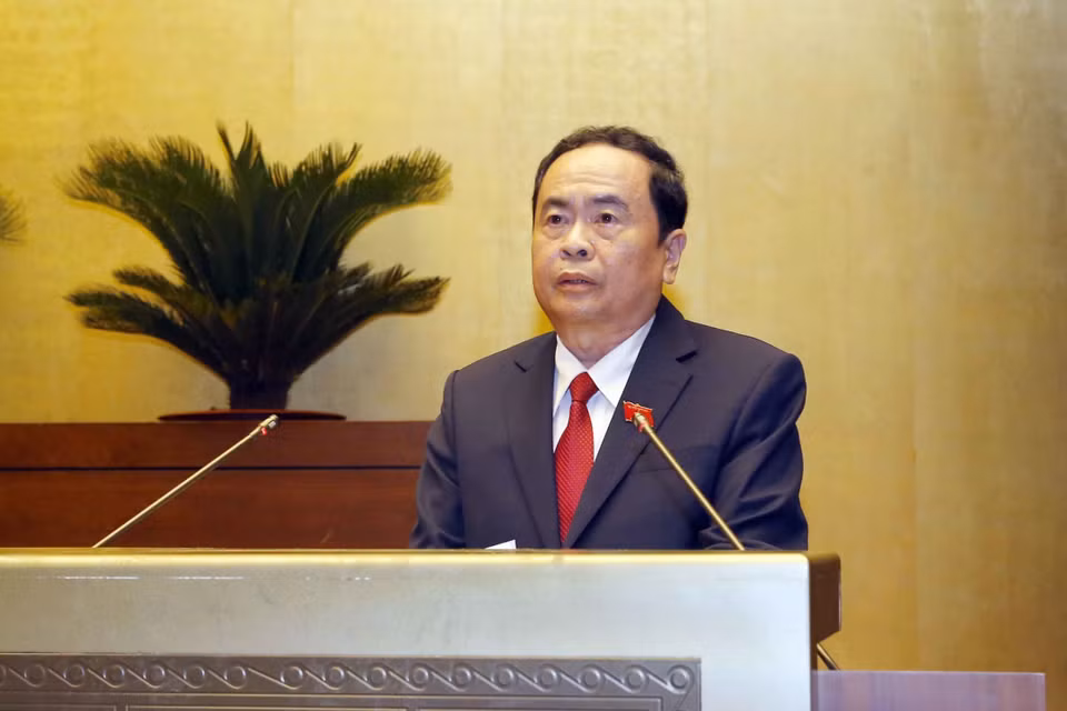 Phó Chủ tịch Thường trực Quốc hội khóa XIV, Phó Chủ tịch Hội đồng bầu cử quốc gia Trần Thanh Mẫn báo cáo tổng kết cuộc bầu cử đại biểu Quốc hội khóa XV và đại biểu Hội đồng nhân dân các cấp nhiệm kỳ 2021-2026. (Ảnh: Doãn Tấn/TTXVN)