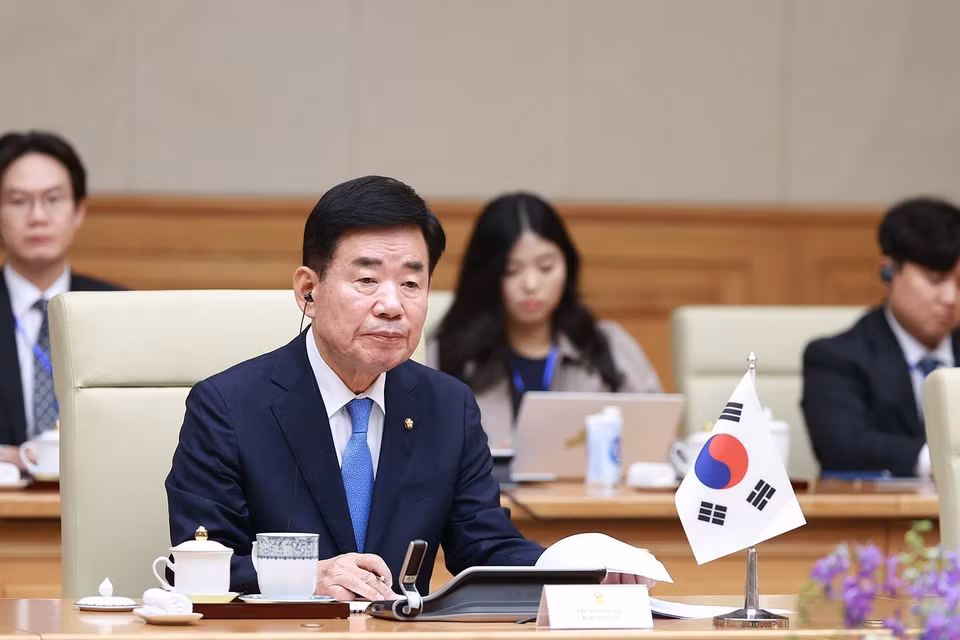 Chủ tịch Quốc hội Hàn Quốc Kim Jin-pyo phát biểu. (Ảnh: Dương Giang/TTXVN)