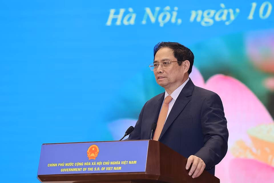 Hình ảnh Thủ tướng Phạm Minh Chính phát biểu tại buổi gặp gỡ. (Ảnh: Dương Giang/TTXVN)