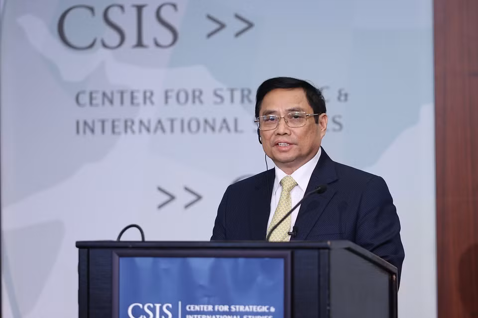 Thủ tướng Phạm Minh Chính phát biểu về chính sách của Việt Nam tại Viện Nghiên cứu Chiến lược quốc tế Hoa Kỳ (CSIS). (Ảnh: Dương Giang/TTXVN)