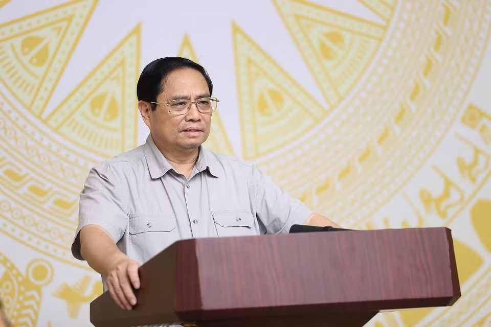 Hình ảnh Thủ tướng Phạm Minh Chính phát biểu tại điểm cầu Trụ sở Chính phủ. (Ảnh: Dương Giang/TTXVN)