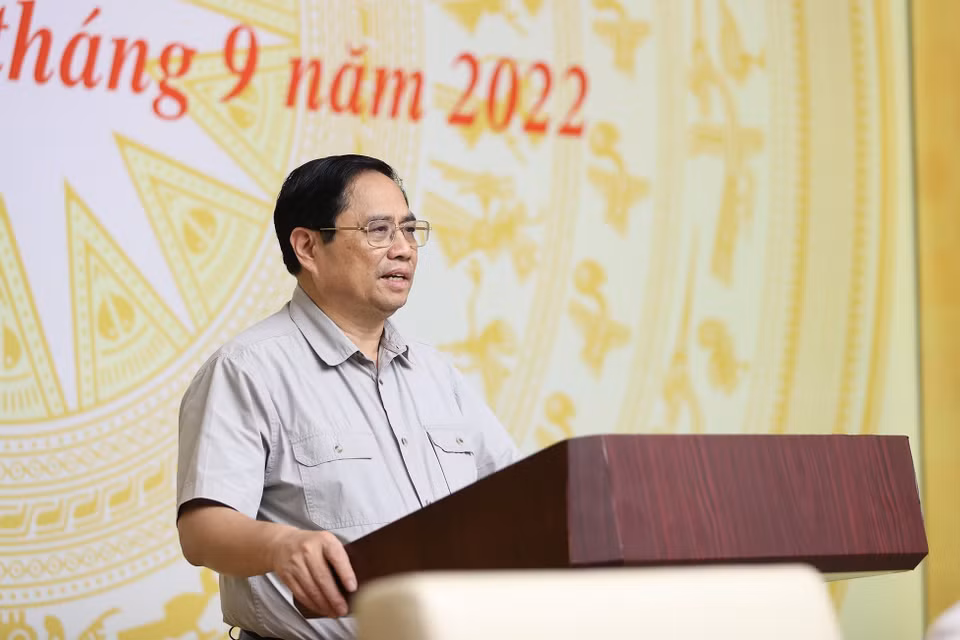 Thủ tướng Phạm Minh Chính phát biểu tại điểm cầu Trụ sở Chính phủ. (Ảnh: Dương Giang/TTXVN)