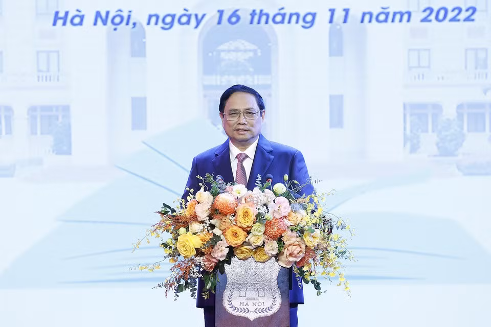 Thủ tướng Phạm Minh Chính phát biểu tại lễ kỷ niệm. (Ảnh: Dương Giang/TTXVN)
