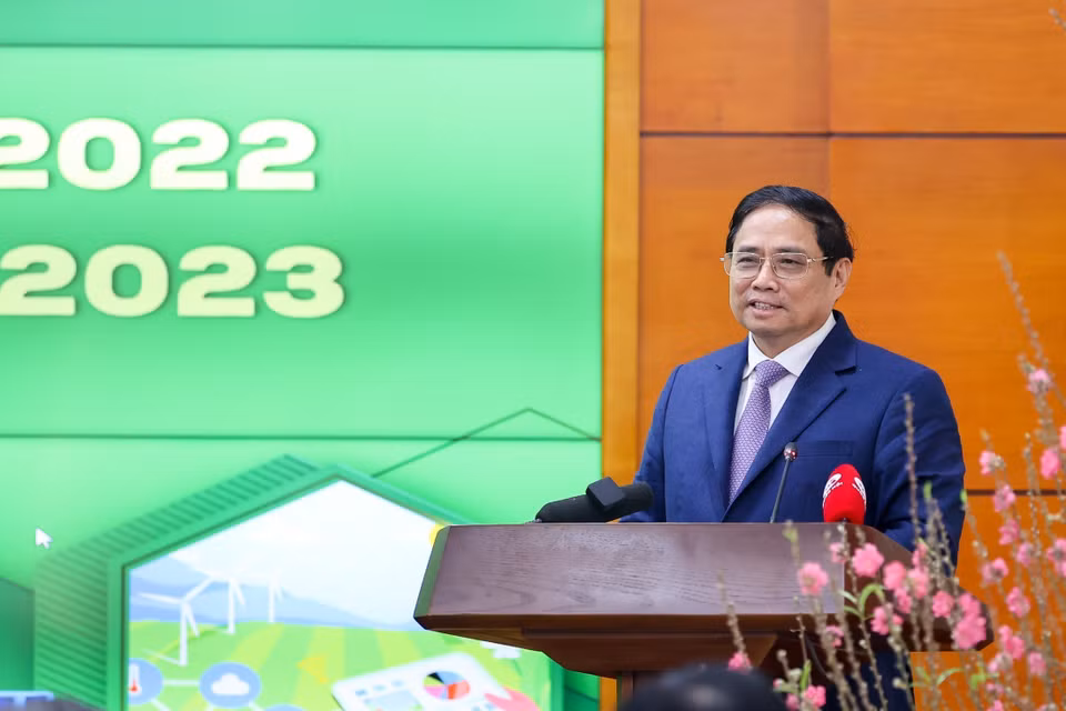 Hình ảnh Thủ tướng Phạm Minh Chính phát biểu chỉ đạo hội nghị. (Ảnh: Dương Giang/TTXVN)