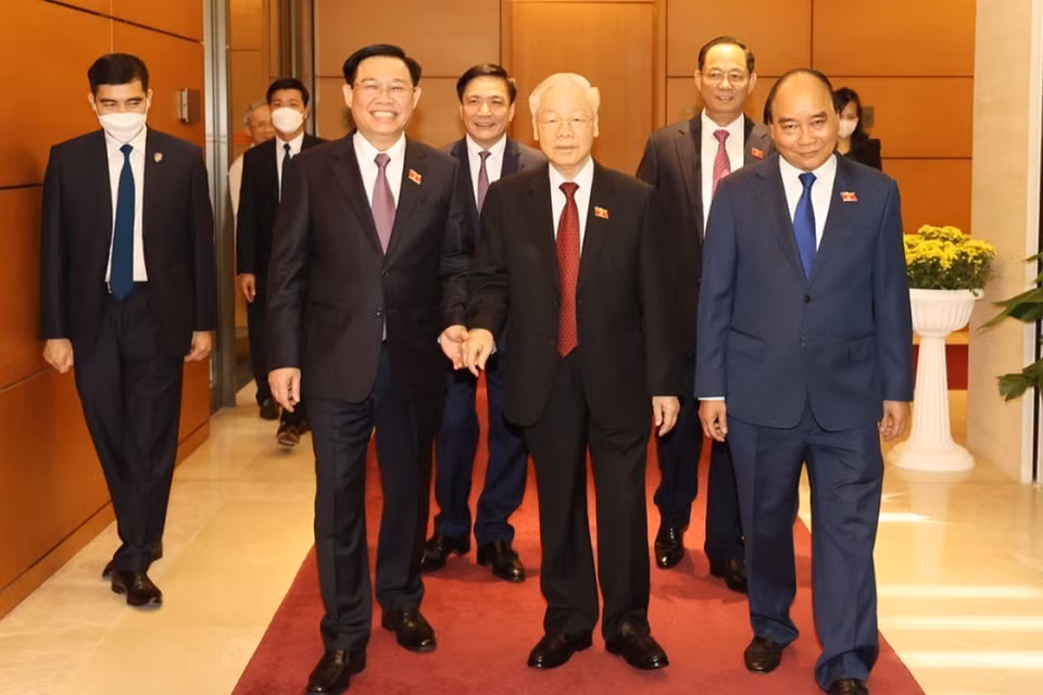 Tổng Bí thư Nguyễn Phú Trọng cùng các lãnh đạo Đảng, Nhà nước và các đại biểu tới dự phiên bế mạc. (Ảnh: Trí Dũng/TTXVN)