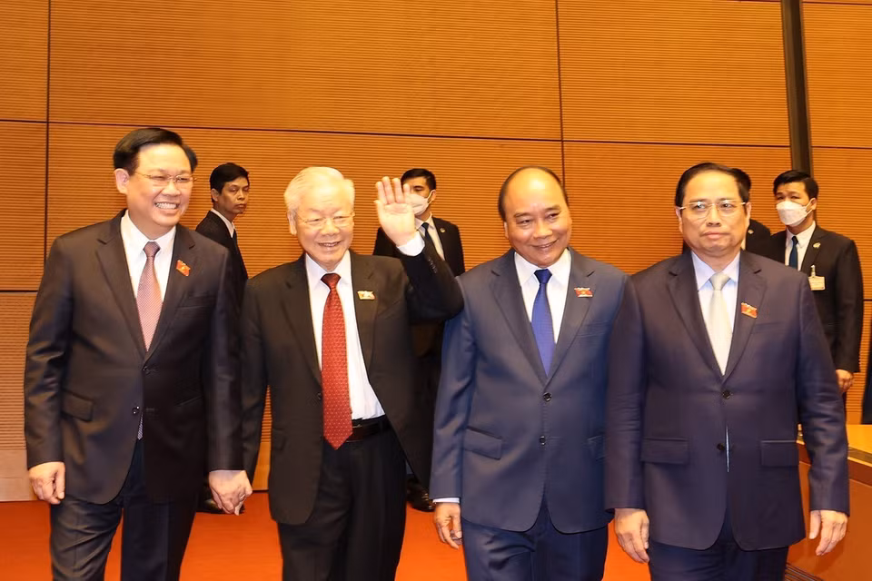 Hình ảnh Tổng Bí thư Nguyễn Phú Trọng, Chủ tịch nước Nguyễn Xuân Phúc, Thủ tướng Phạm Minh Chính, Chủ tịch Quốc hội Vương Đình Huệ tới dự phiên bế mạc. (Ảnh: Trí Dũng/TTXVN) 