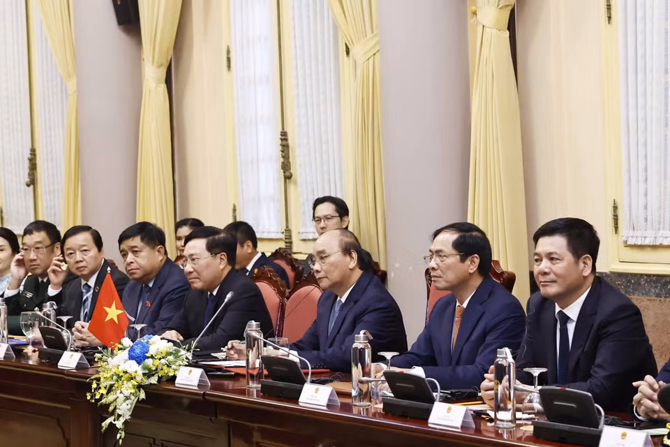Chủ tịch nước Nguyễn Xuân Phúc phát biểu tại buổi hội đàm với Tổng Thư ký Liên hợp quốc António Guterres. (Ảnh: Lâm Khánh/TTXVN)