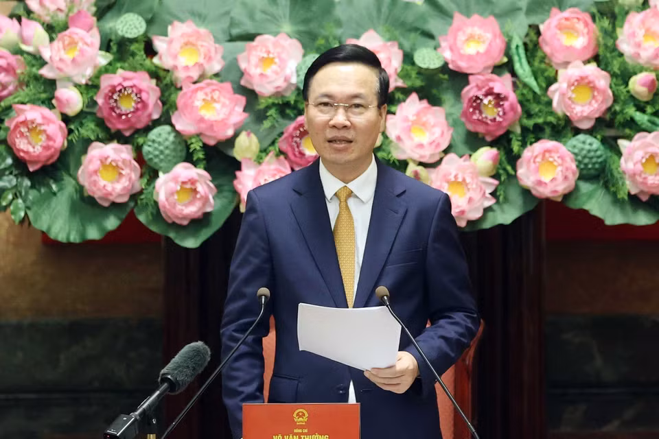 Chủ tịch nước Võ Văn Thưởng phát biểu tại buổi gặp mặt. (Ảnh: Thống Nhất/TTXVN)