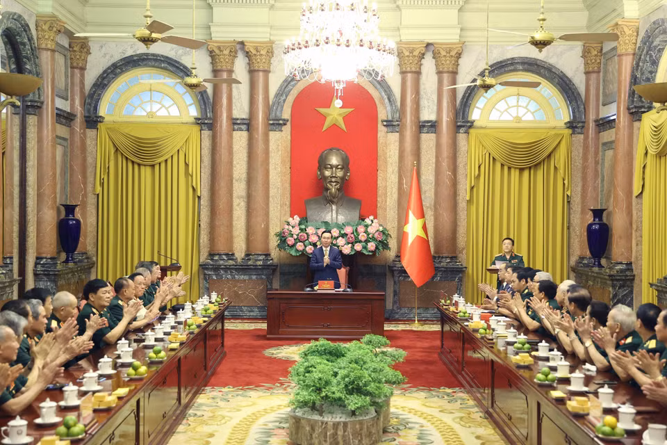 Chủ tịch nước Võ Văn Thưởng phát biểu tại buổi gặp mặt. (Ảnh: Thống Nhất/TTXVN)
