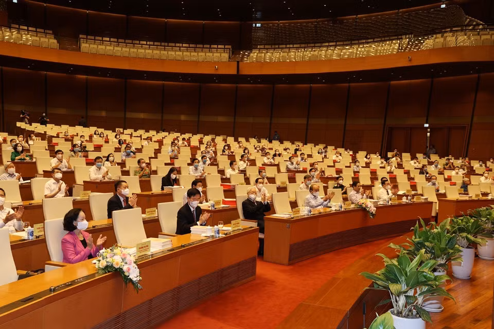 Tổng Bí thư Nguyễn Phú Trọng, Chủ tịch nước Nguyễn Xuân Phúc, Thủ tướng Chính phủ Phạm Minh Chính, Chủ tịch Quốc hội Vương Đình Huệ và các đại biểu dự khai mạc hội nghị. (Ảnh : Trí Dũng/TTXVN)