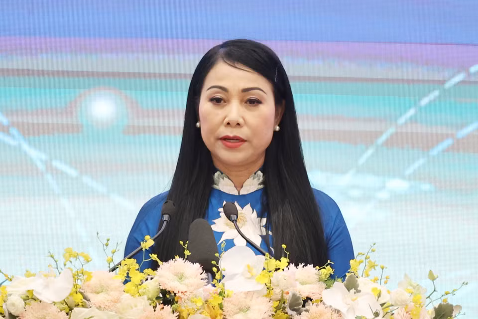 Bí thư Tỉnh ủy Vĩnh Phúc Hoàng Thị Thuý Lan phát biểu tại Lễ khởi động Mạng lưới Logistics thông minh ASEAN - ASLN. (Ảnh: Thống Nhất/TTXVN)