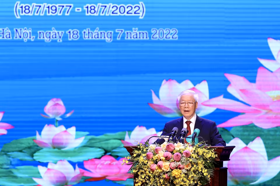 Tổng Bí thư Nguyễn Phú Trọng đọc diễn văn tại Lễ kỷ niệm. (Ảnh: Lâm Khánh/TTXVN)