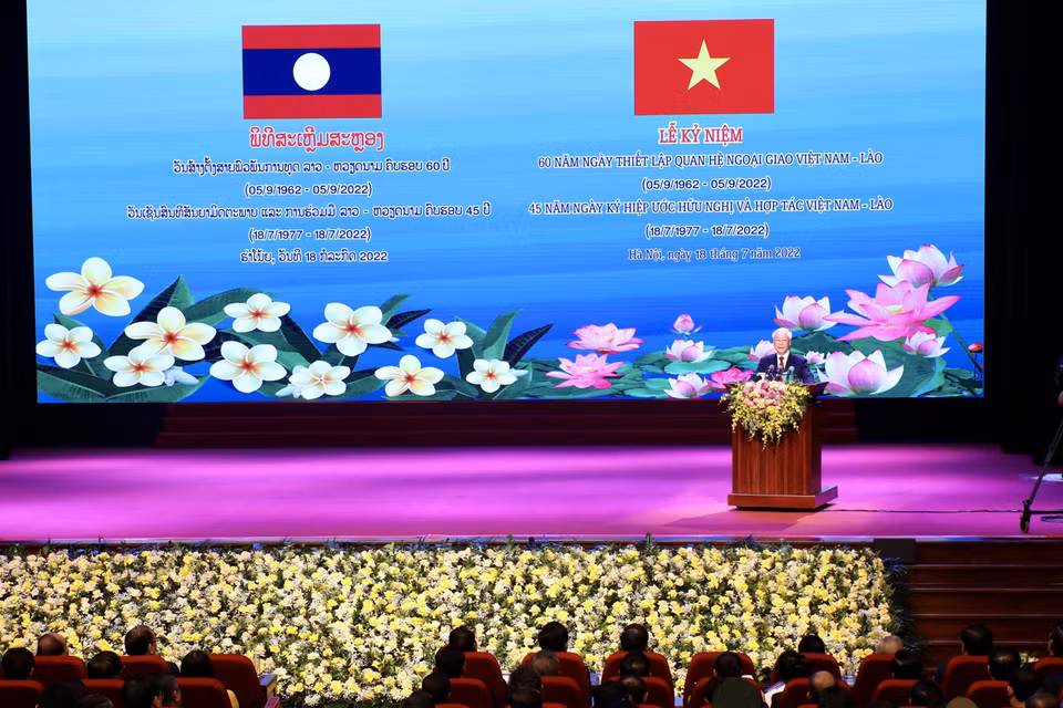 Tổng Bí thư Nguyễn Phú Trọng đọc diễn văn tại lễ kỷ niệm. (Ảnh: Lâm Khánh/TTXVN)