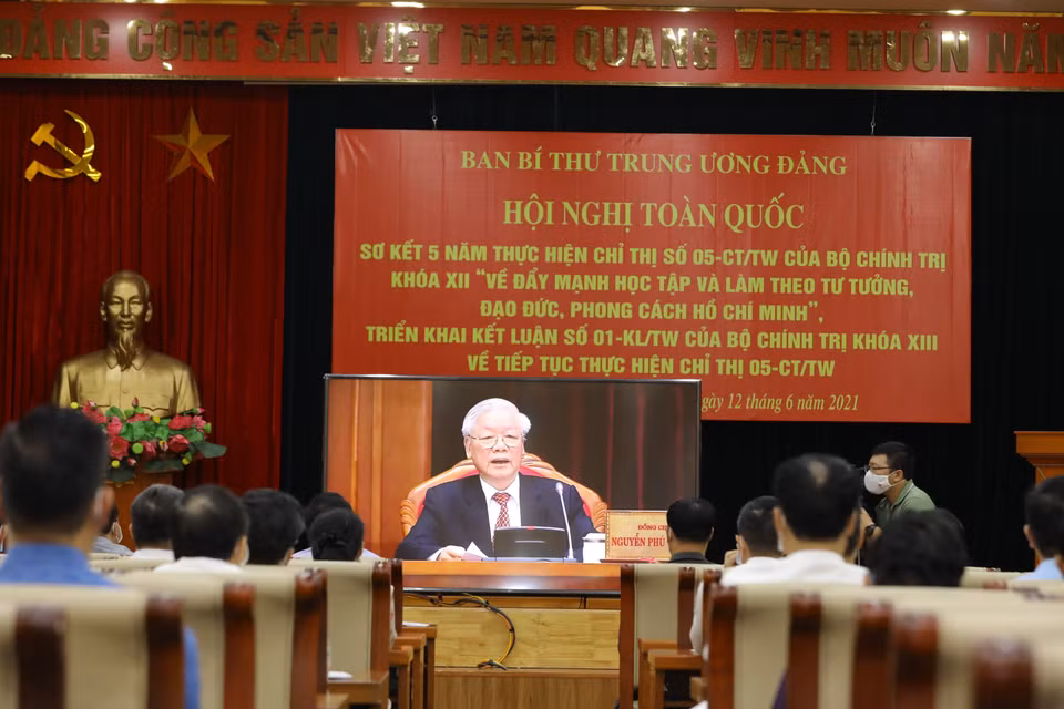 Quang cảnh Hội nghị tại điểm cầu Đảng ủy Khối các cơ quan Trung ương, số 107 Quán Thánh, Ba Đình, Hà Nội). (Ảnh: Nguyễn Điệp/TTXVN)