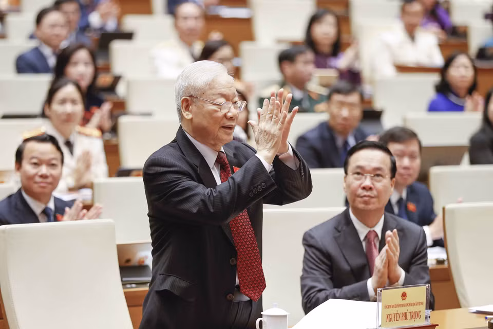 Tổng Bí thư Nguyễn Phú Trọng cùng các vị lãnh đạo Đảng và Nhà nước tham dự buổi lễ. (Ảnh: Doãn Tấn/TTXVN)