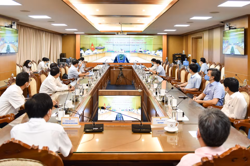 Điểm cầu Bộ Giáo dục và Đào tạo trong chương trình phát động. (Ảnh: Thanh Tùng/TTXVN)